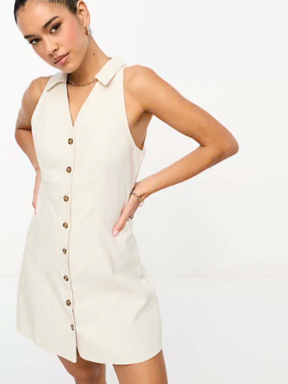 MANGO linen (rami) Sleeveless Button-Front Cream Dress XS